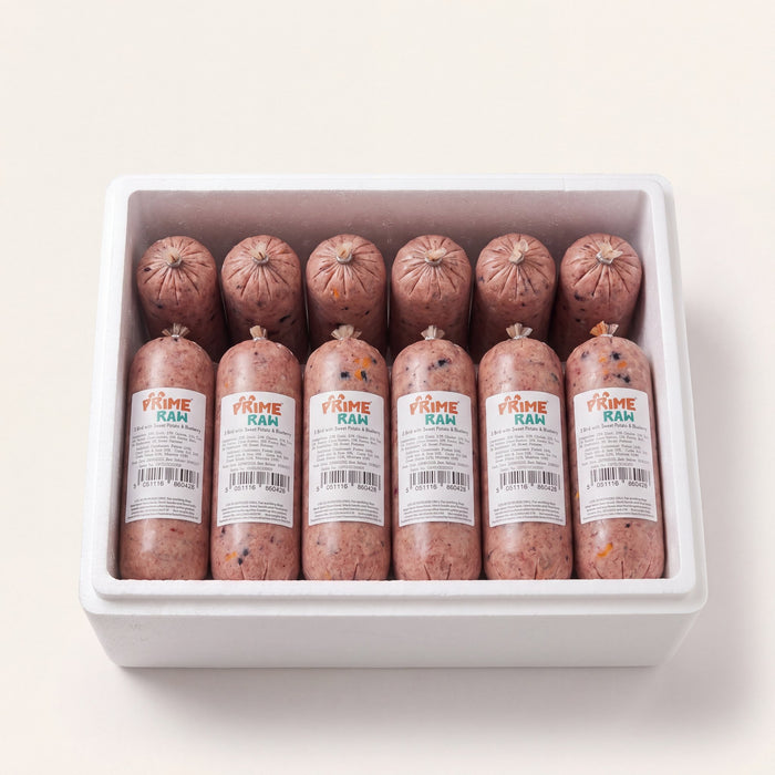 Prime Raw 3 bird with sweet potato & blueberry — frozen 454g raw dog food chubs