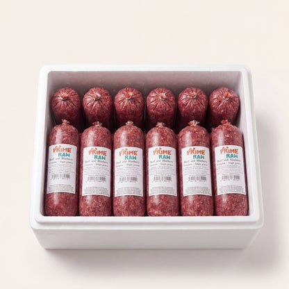 Prime Raw Beef & Blueberry — frozen 454g raw dog food chubs