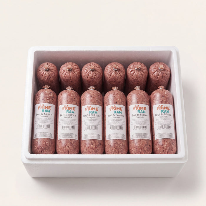 Prime Raw Beef & Salmon — frozen 454g raw dog food chubs