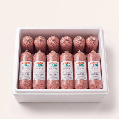 Prime Raw Beef & Veg — frozen 454g raw dog food chubs