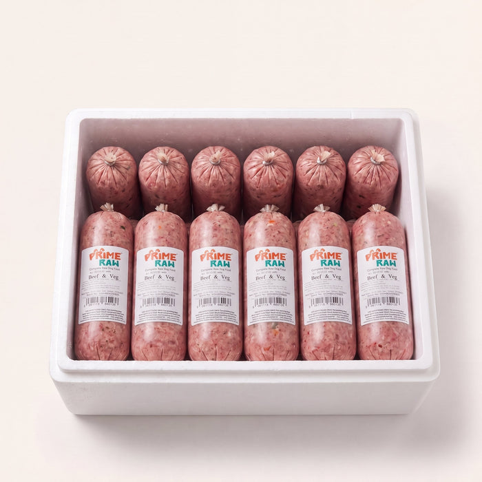 Prime Raw Beef & Veg — frozen 454g raw dog food chubs