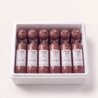 Prime Raw Beef Complete — frozen 454g raw dog food chubs
