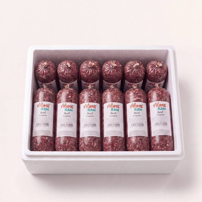 Prime Raw Beef Complete — frozen 454g raw dog food chubs