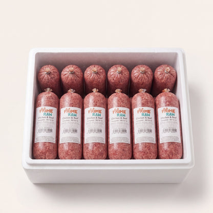 Prime Raw Chicken & Beef — frozen 454g raw dog food chubs
