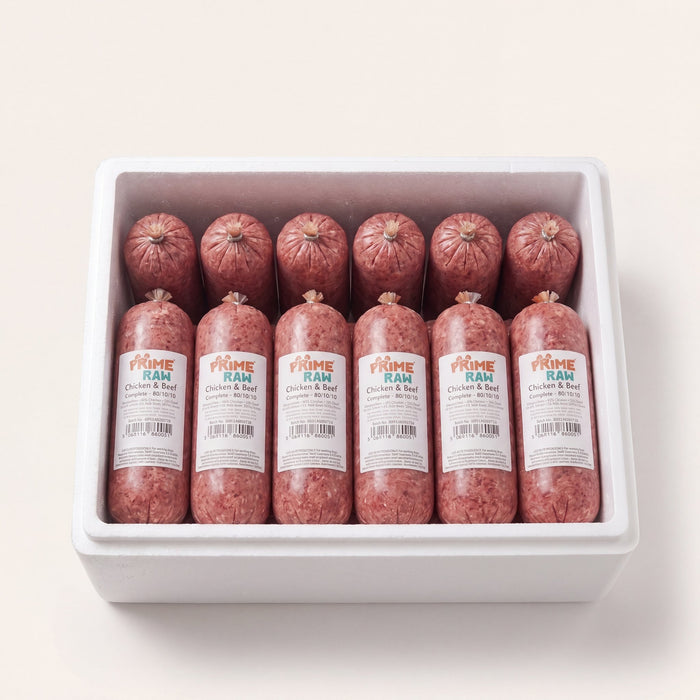 Prime Raw Chicken & Beef — frozen 454g raw dog food chubs