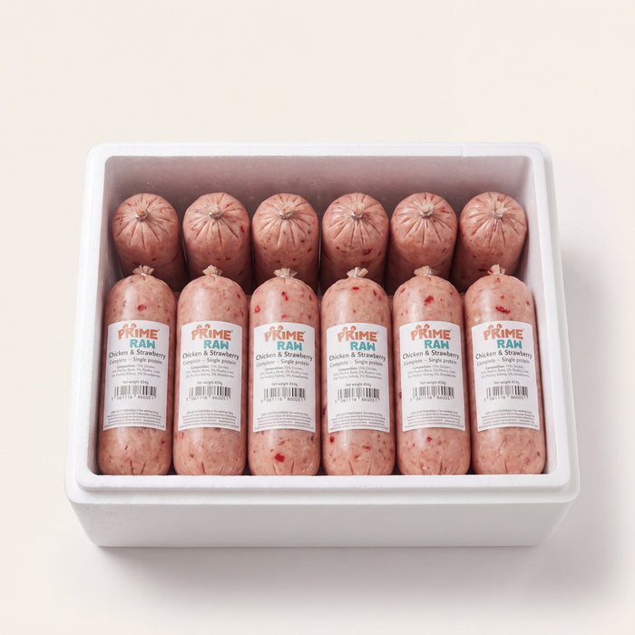 Prime Raw Chicken & Strawberry — frozen 454g raw dog food chubs