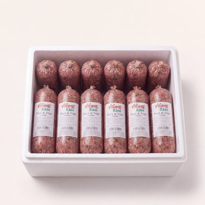 Prime Raw Duck & Tripe — frozen 454g raw dog food chubs
