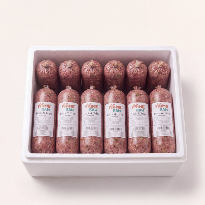 Prime Raw Duck & Tripe — frozen 454g raw dog food chubs