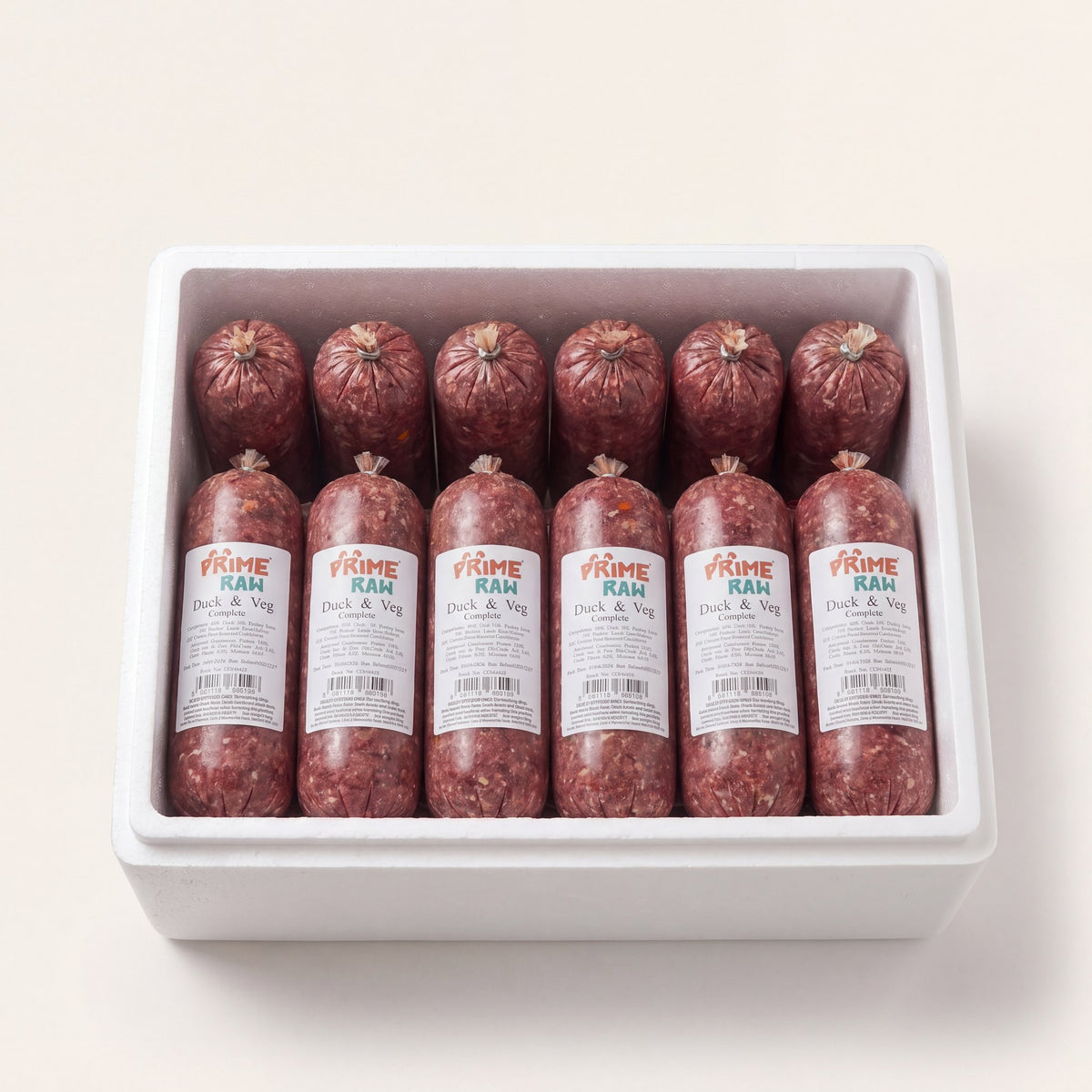 Prime Raw Duck & Veg — frozen 454g raw dog food chubs