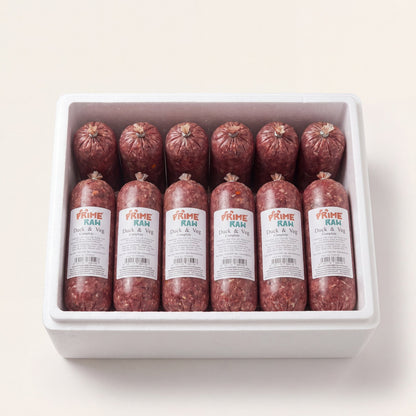 Prime Raw Duck & Veg — frozen 454g raw dog food chubs
