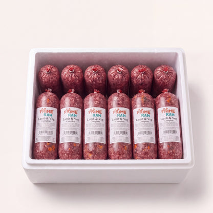 Prime Raw Lamb & Veg — frozen 454g raw dog food chubs