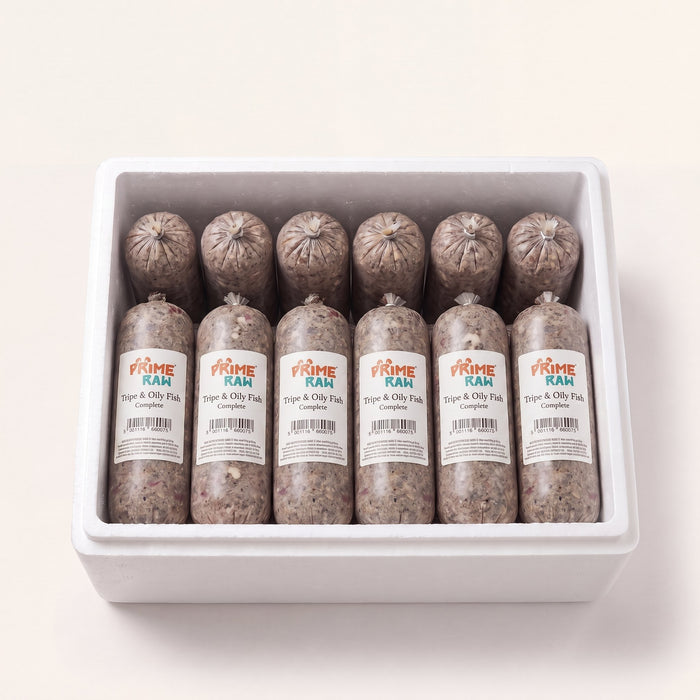Prime Raw Tripe & Oily Fish — frozen 454g raw dog food chubs